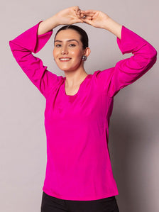 Regular Fit Bell Sleeves Crepe Top- Hot Pink