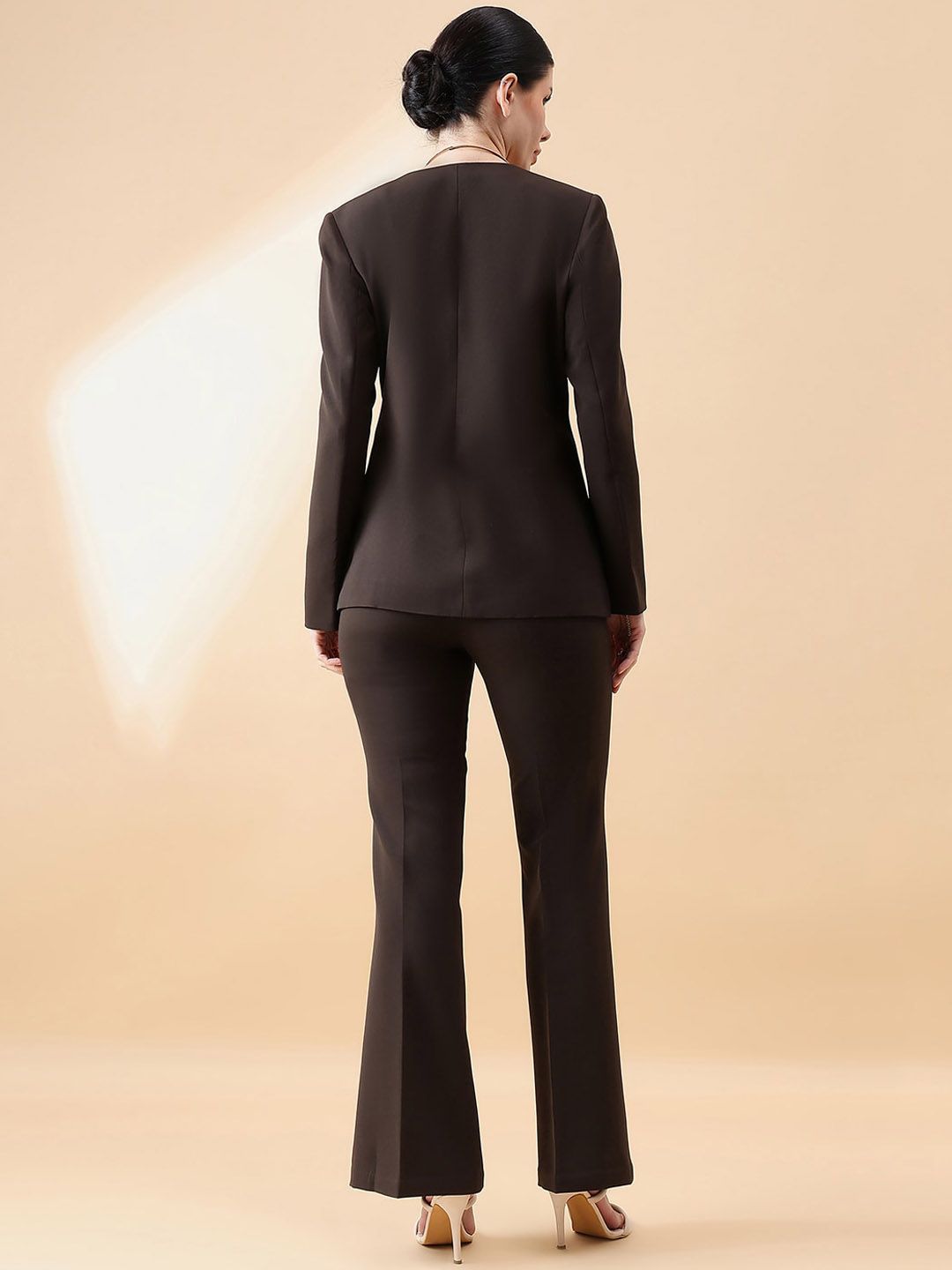 Lapel less Stretch Pant Suit- Chocolate Brown