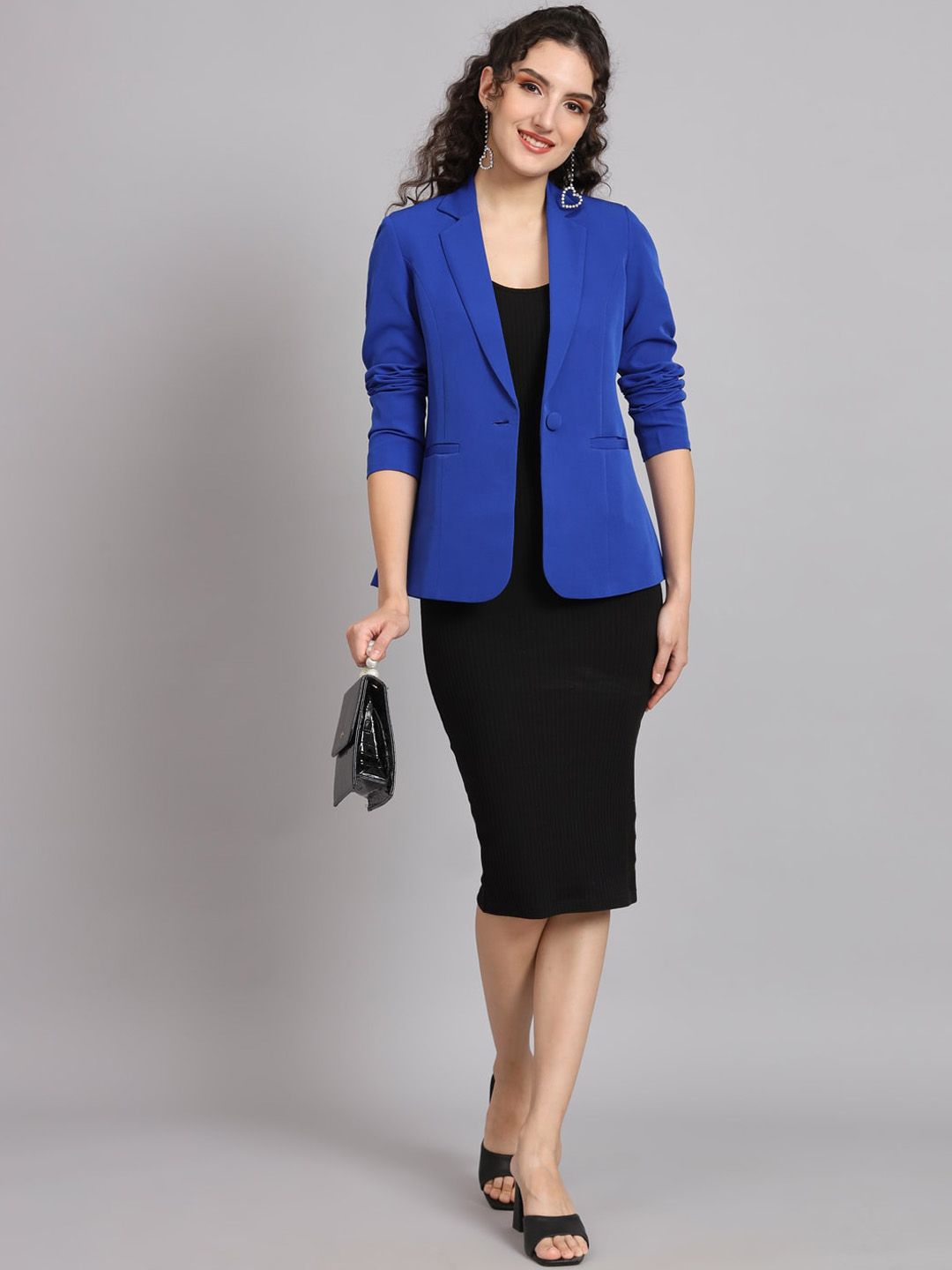 Notch Collar Polyester Blazer - Ink Blue