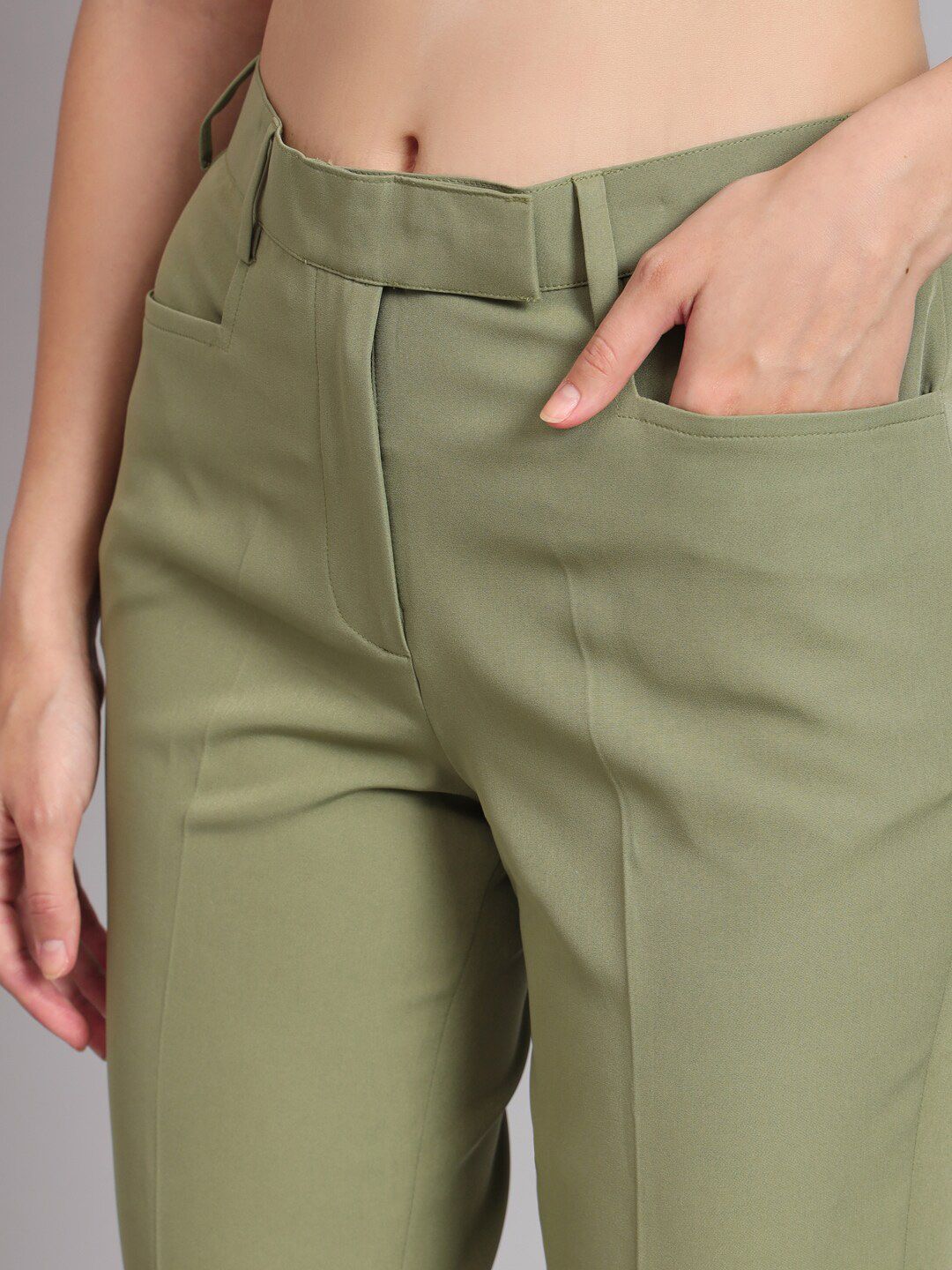 Regular Fit Mid Waist Trouser - Olive Green