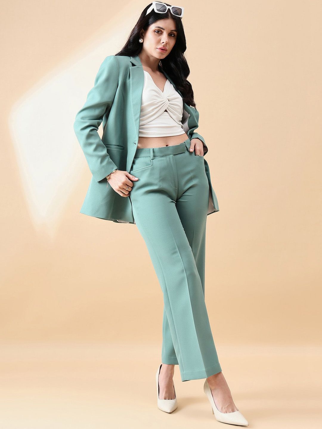 Notch Collar Stretch Pant Suit- Sage Green