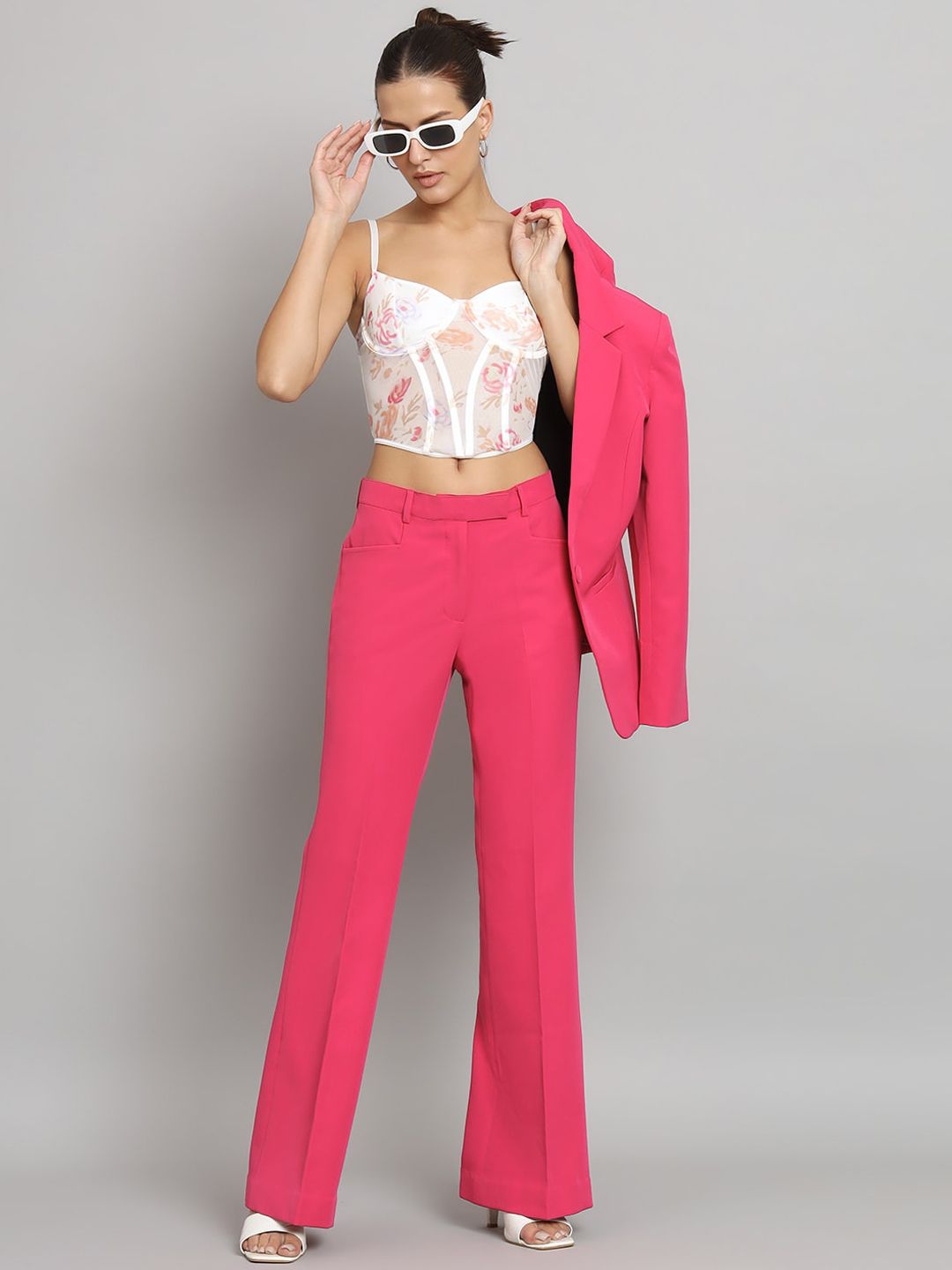 Mid Waist Bell Bottom Stretch Trouser - Hot Pink