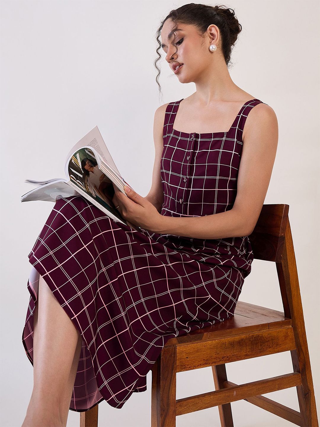 Maroon Check Fit & Flare Dress