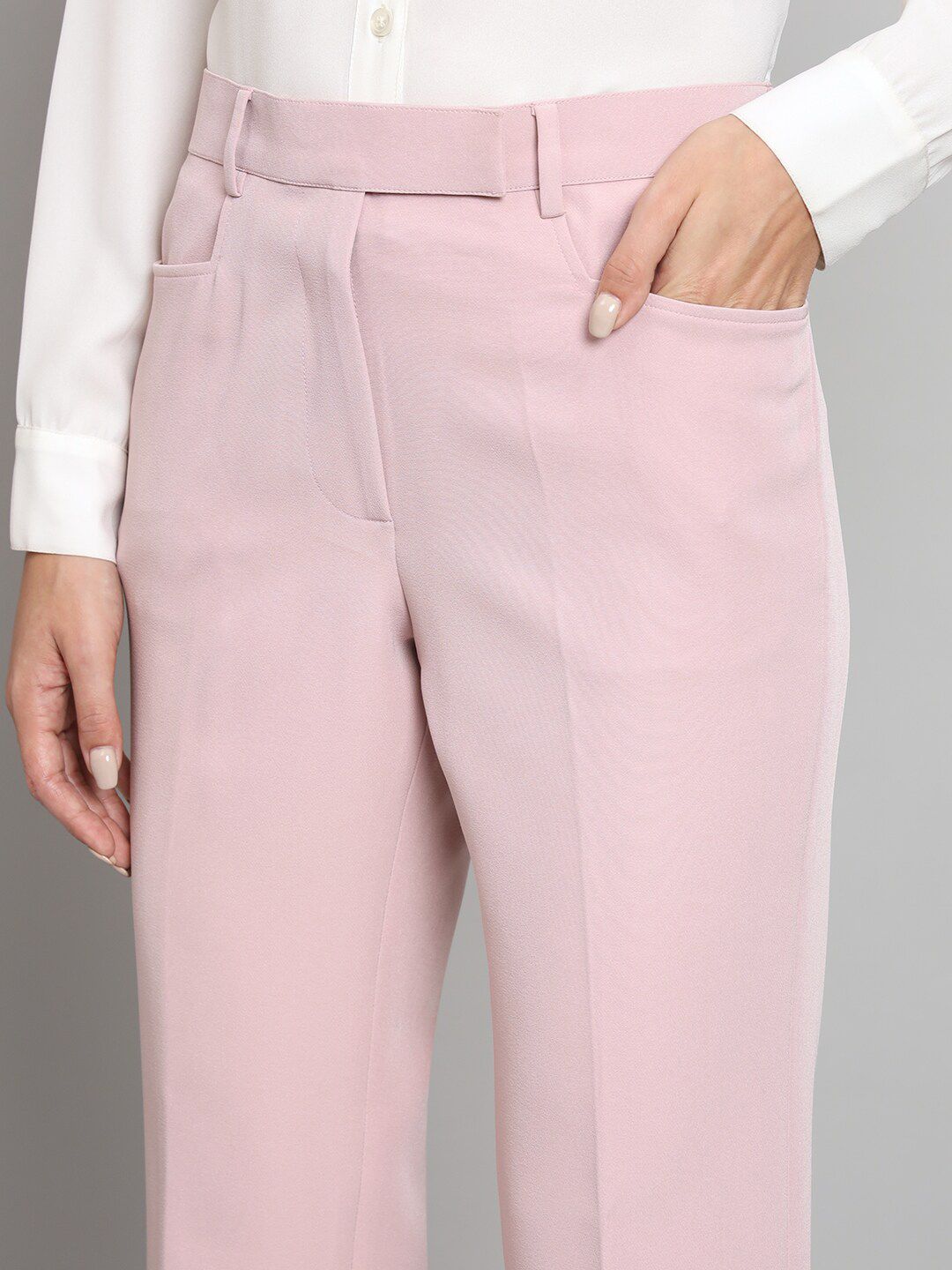 Stretch Regular Fit Mid Waist Trouser- Baby Pink