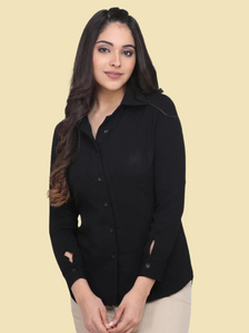 Button detailed black collared shirt for women, stylish and versatile.