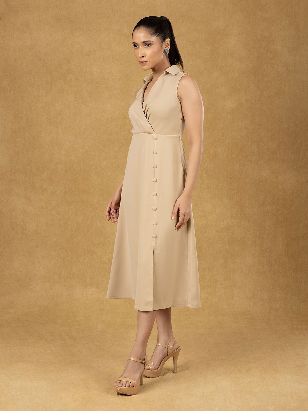 Beige Solid Wrap Neck Midi Dress