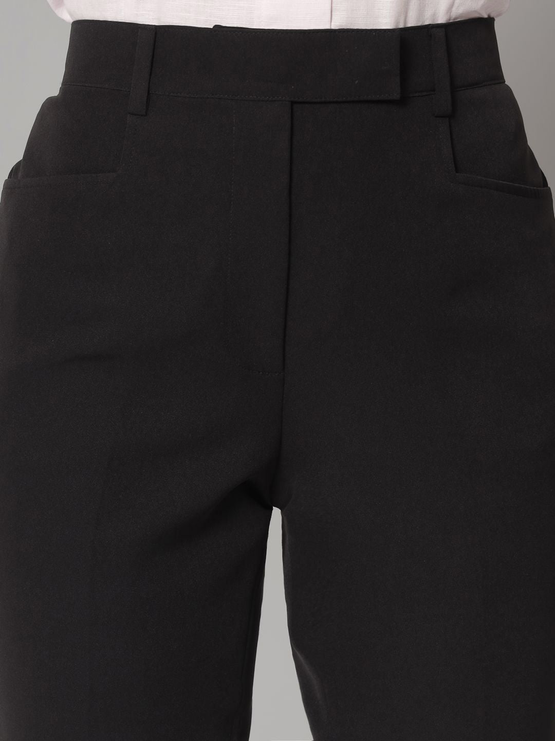 Slim Fit Mid Waist Stretch Pants- Black