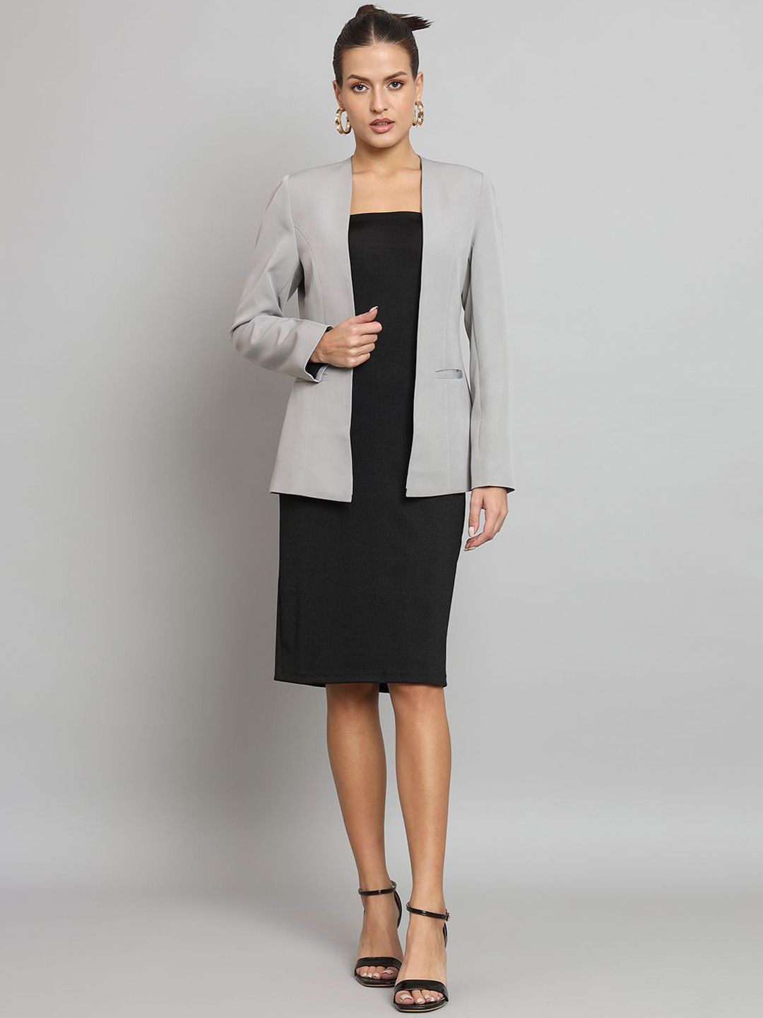 Lapel less Stretch Blazer- Grey