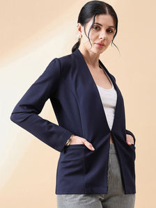 Lapel less Stretch Blazer- Navy