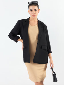 Black Notched Lapel Oversized Fit Blazer In Stretchable Fabric