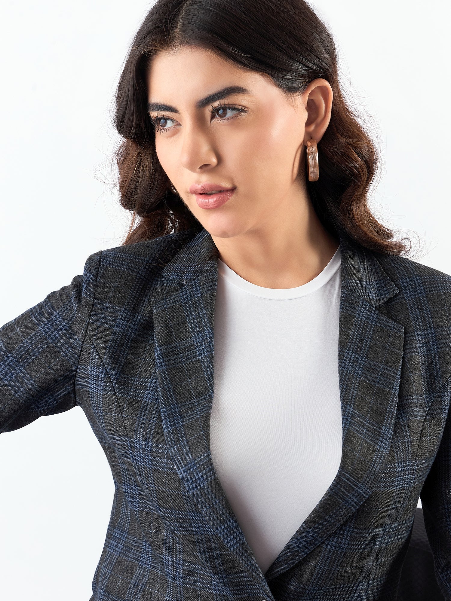 Classic Notched Collar Checkered Blazer In Woolen Plaid