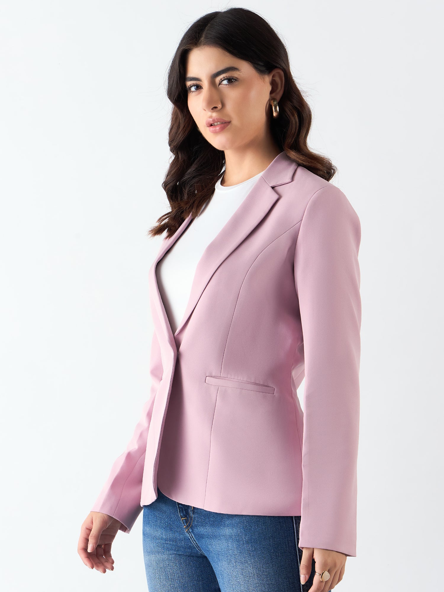 Pink Notched Lapel Single Breasted Blazer In Stretchable Fabric