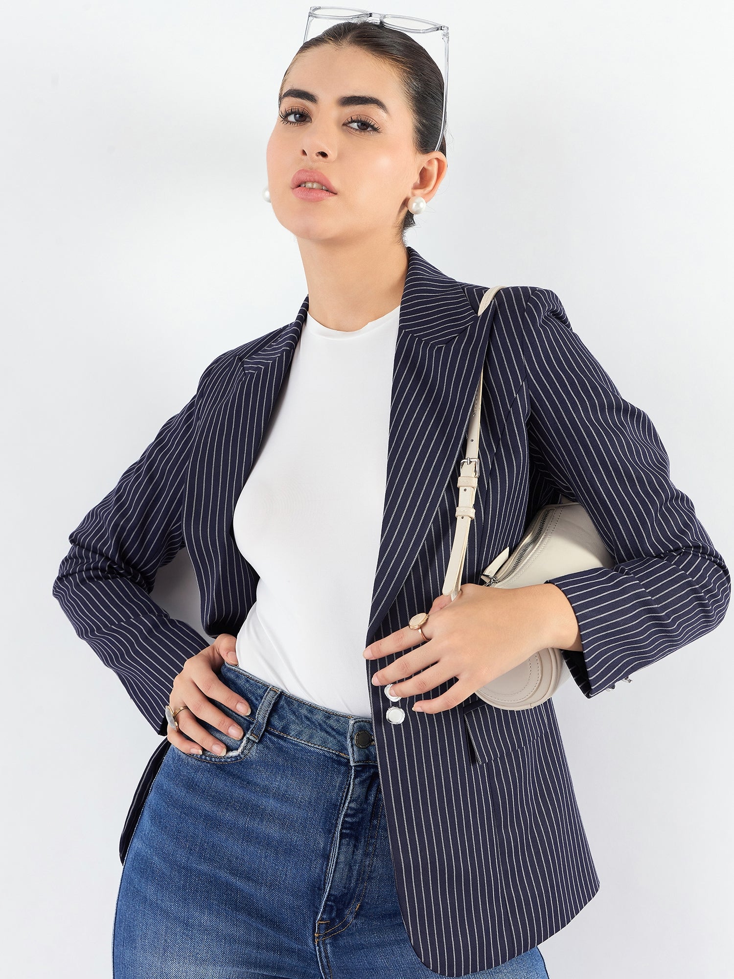 Blue-Striped Structured Blazer With Notched Lapel