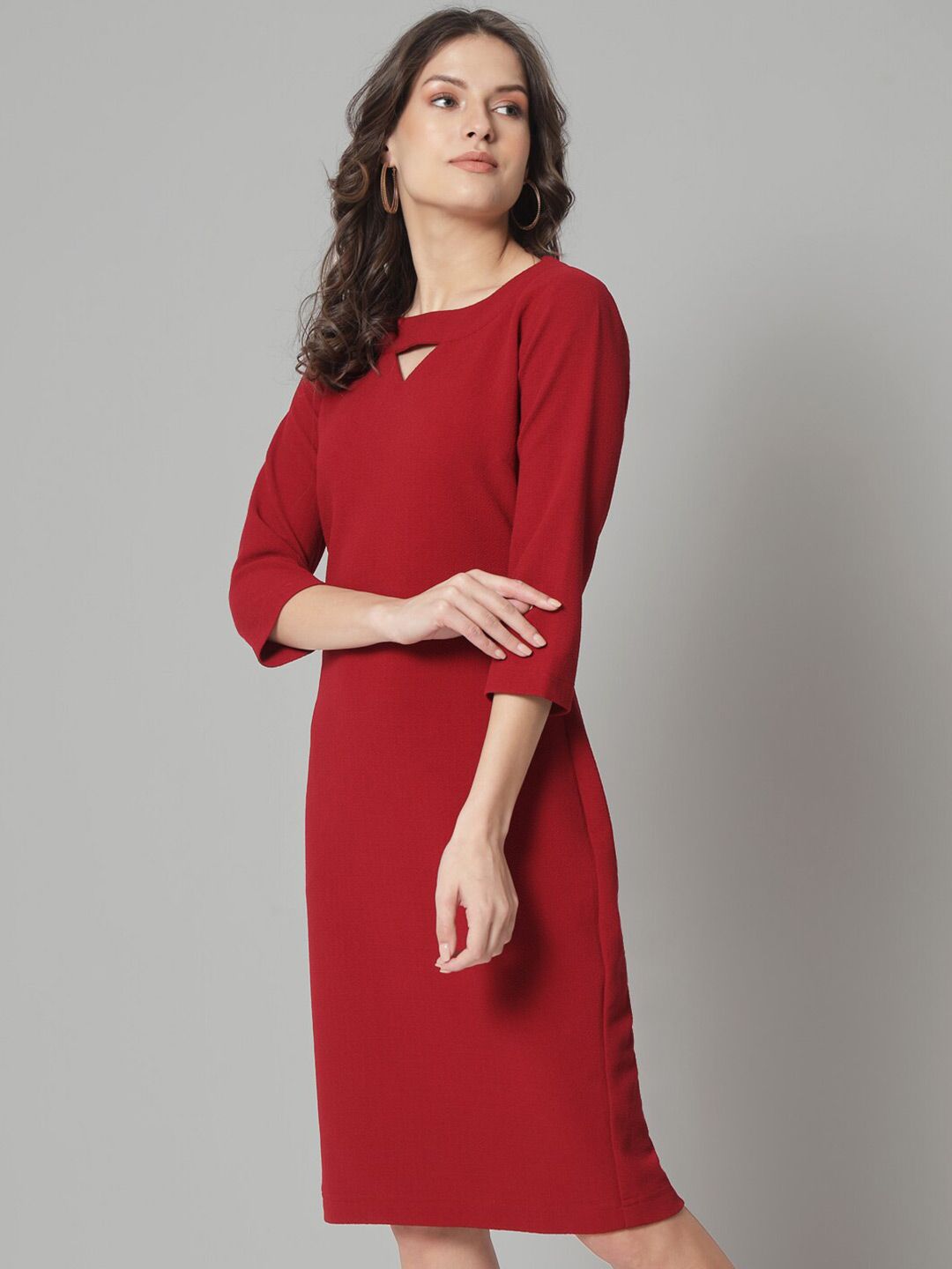 V-Neck Knit Stretch Dress - Maroon