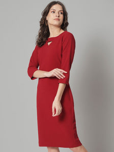 V-Neck Knit Stretch Dress - Maroon