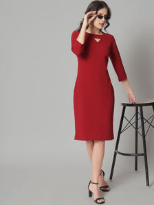 V-Neck Knit Stretch Dress - Maroon