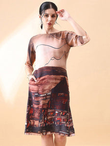 A-Line printed dress- Brown