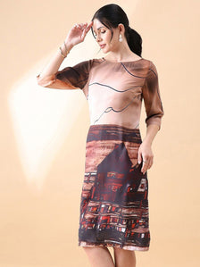 A-Line printed dress- Brown