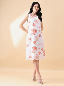 Georgette Printed floral A-Line dress- Peach