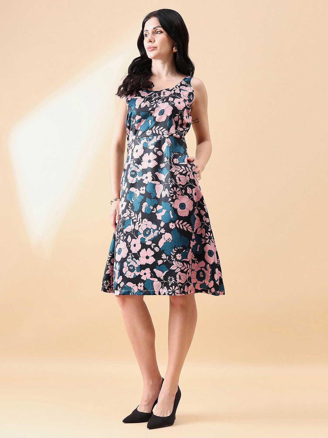 Satin Printed Floral Apron Dress - Blue & Peach