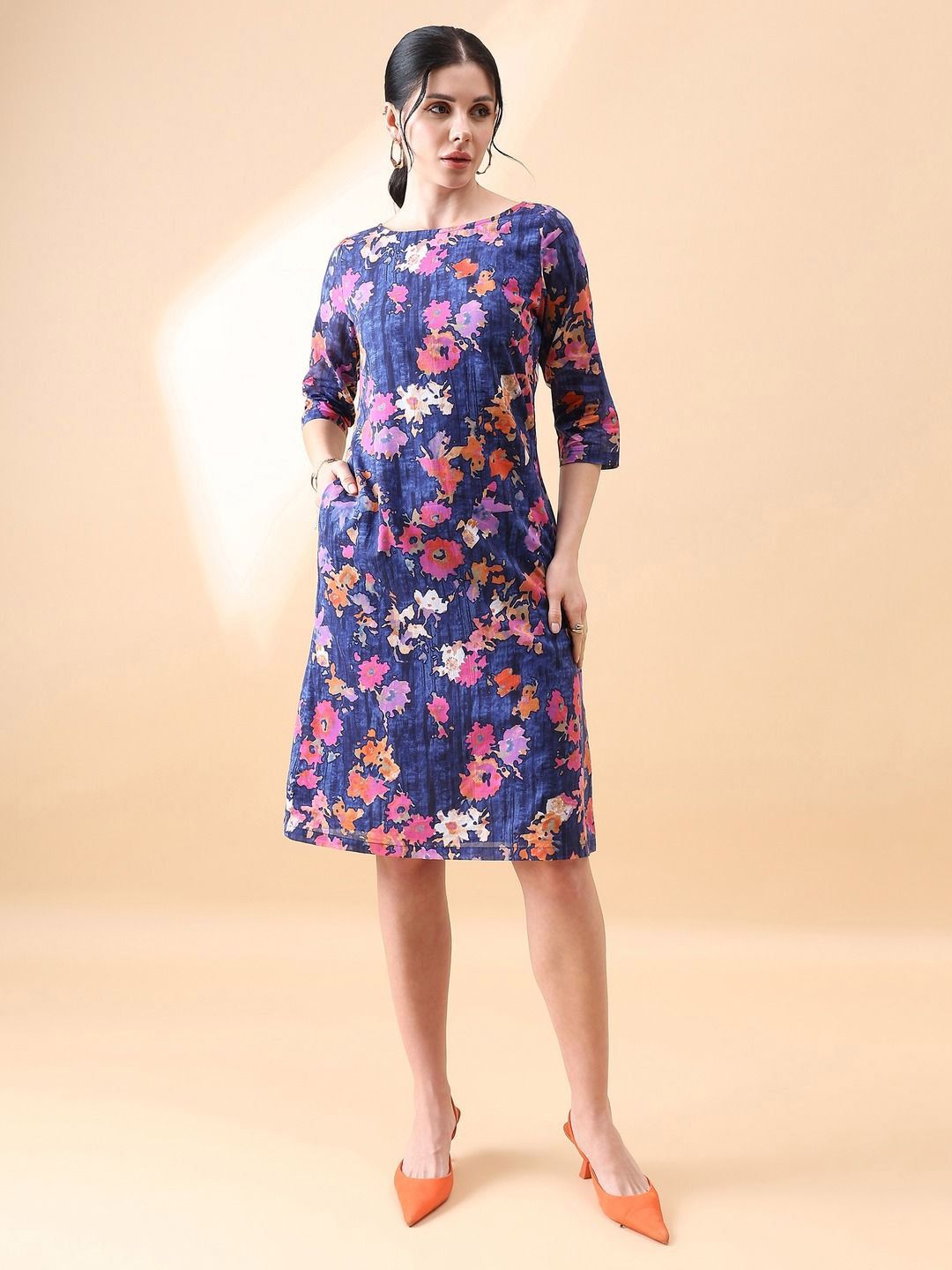 A-Line cotton floral printed dress- Navy & Orange