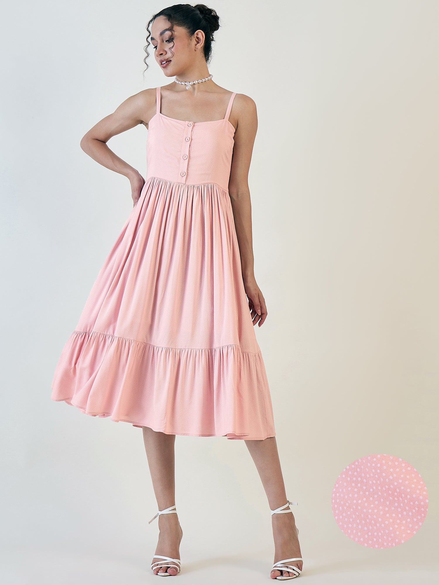 Pink Doted Strappy Fit And Flare Dress