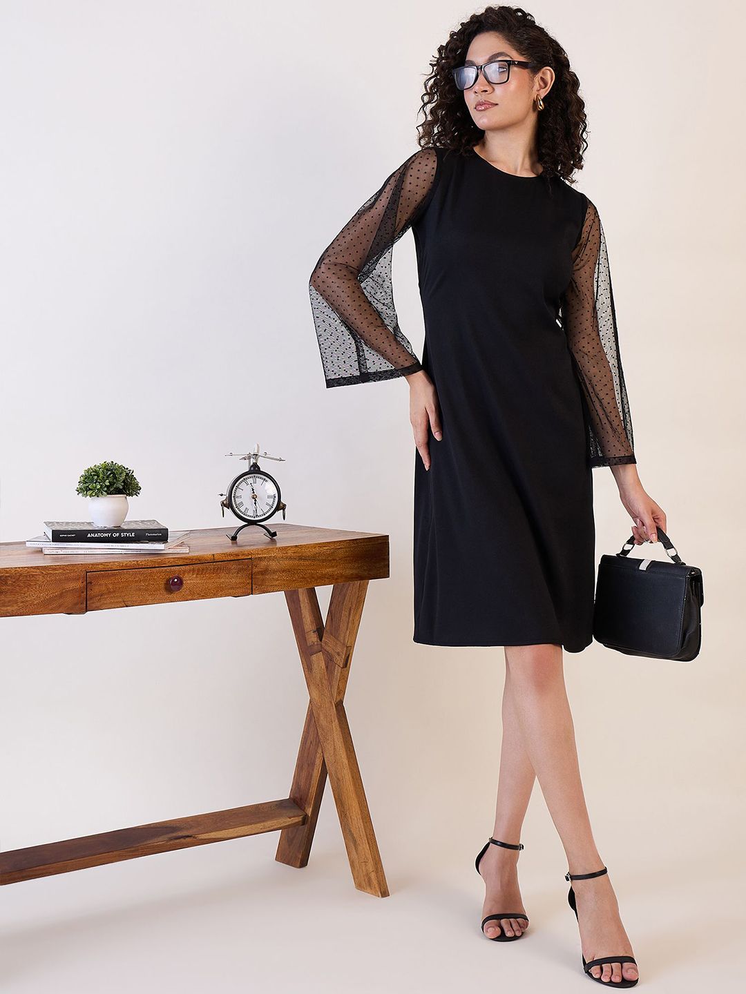 Black Sheer Sleeve A - Line Dress