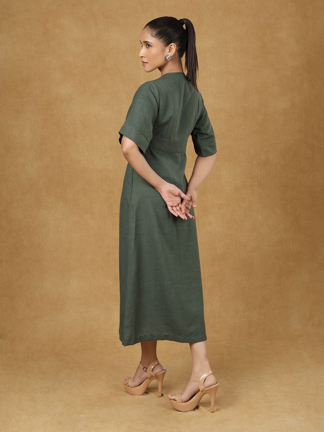 Green Wrap Neck Midi Dress