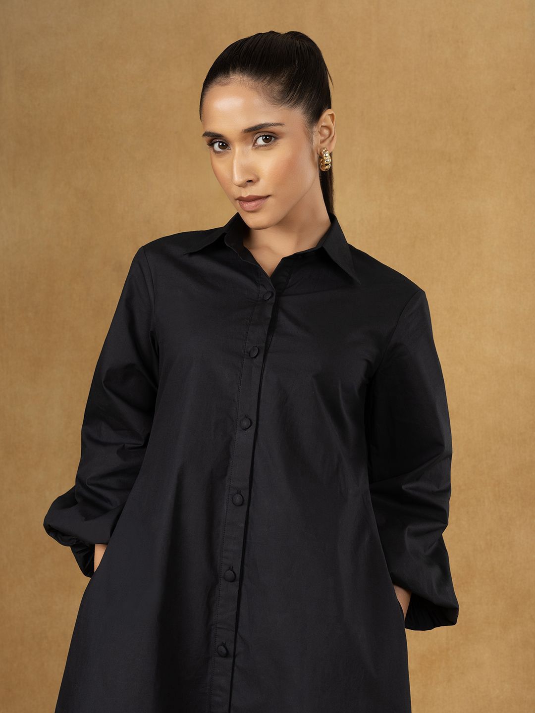 Black Solid High Low Shirt Dress