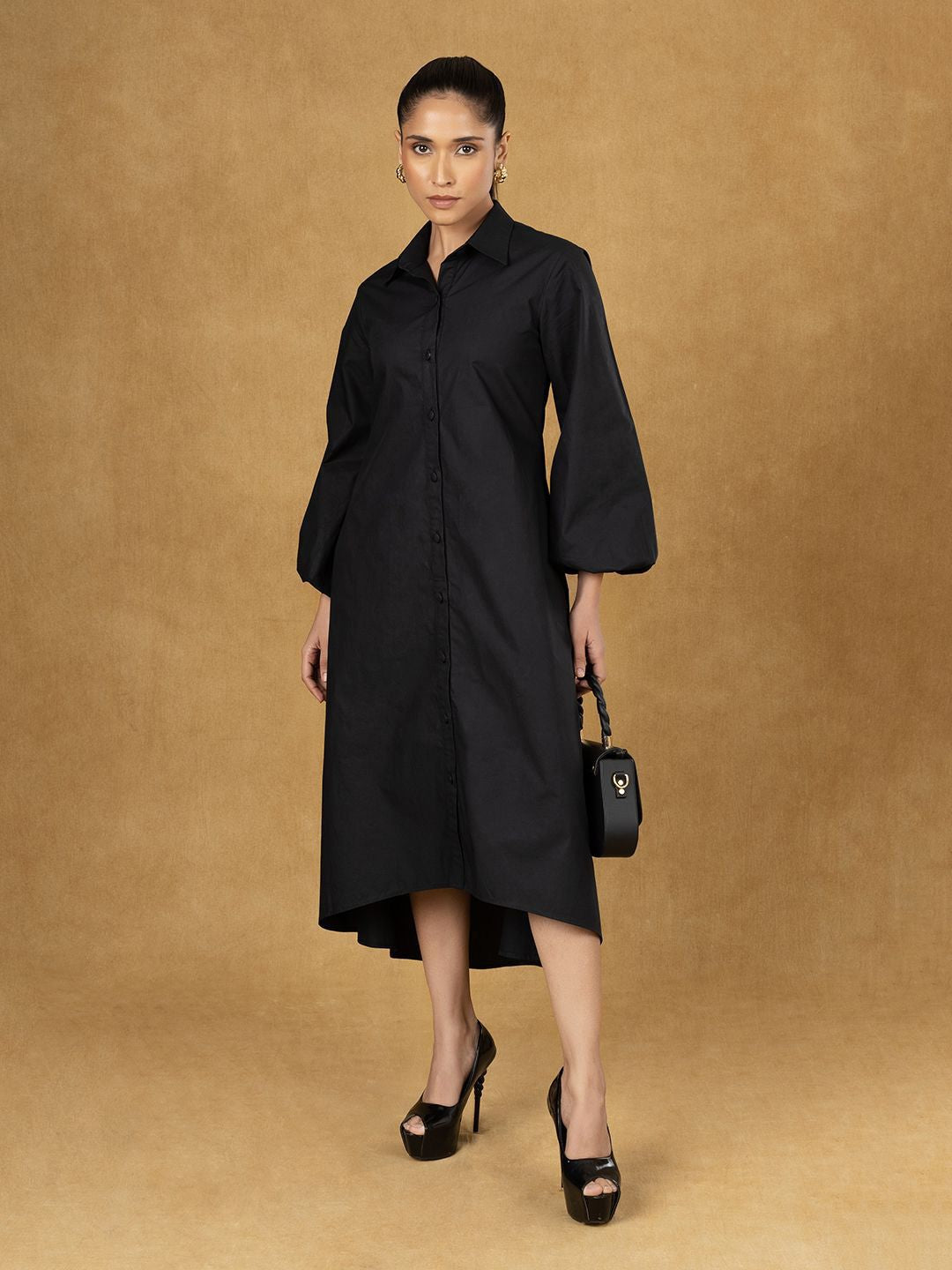 Black Solid High Low Shirt Dress