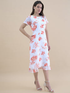 Elegant Floral Printed Short Sleeve Midi Dress