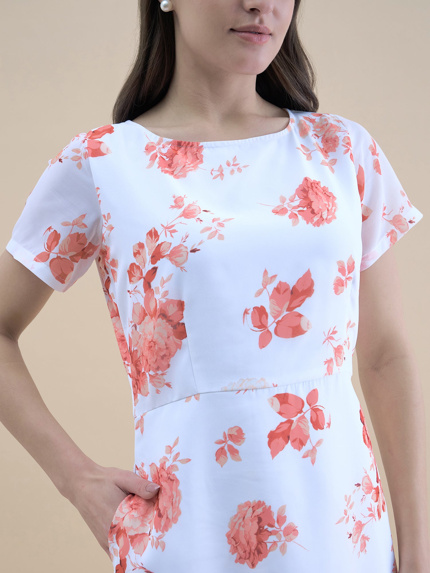 Elegant Floral Printed Short Sleeve Midi Dress