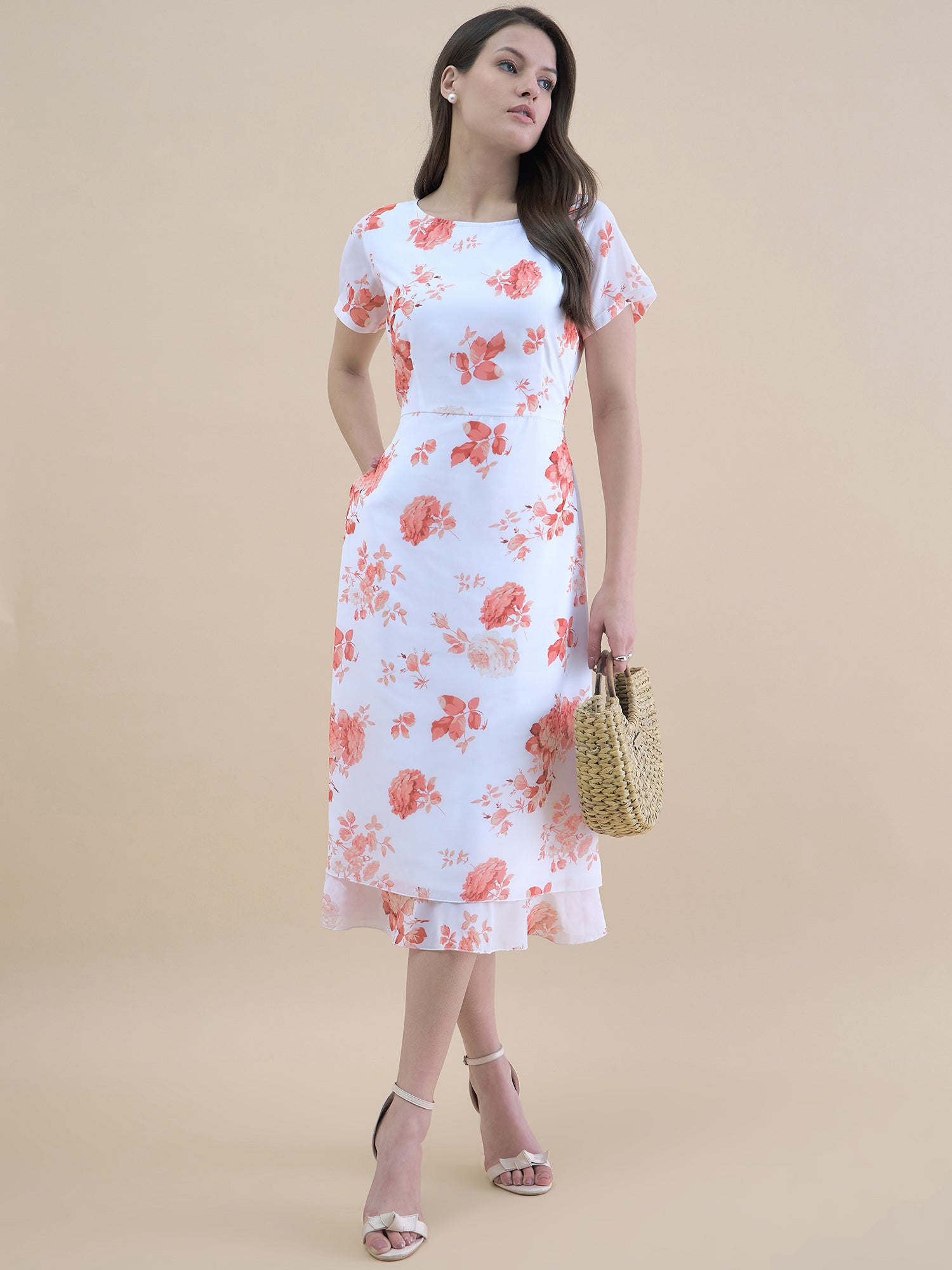 Elegant Floral Printed Short Sleeve Midi Dress