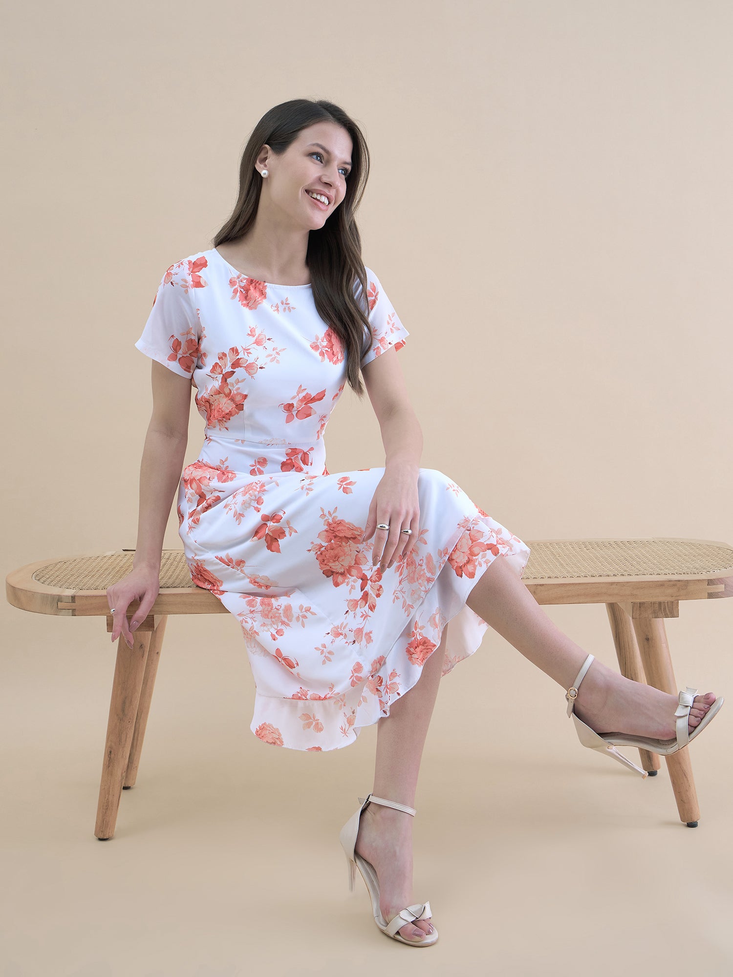 Elegant Floral Printed Short Sleeve Midi Dress