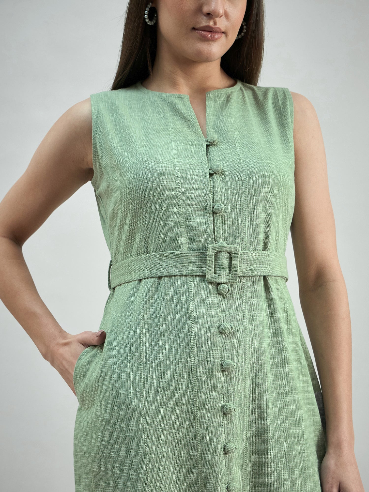 Women Button-Down Cotton Blend Sleeveless Shirt Dress