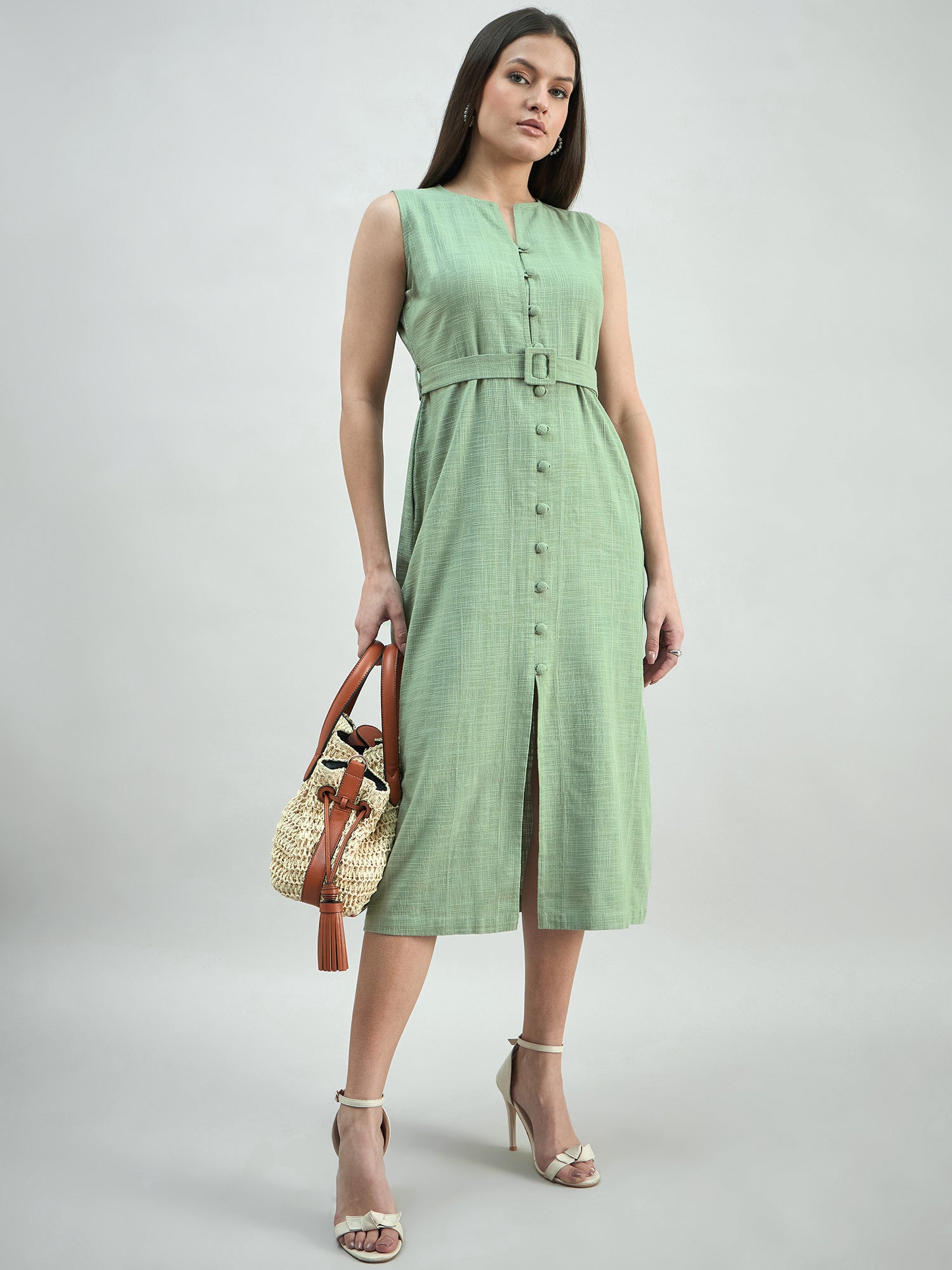 Women Button-Down Cotton Blend Sleeveless Shirt Dress