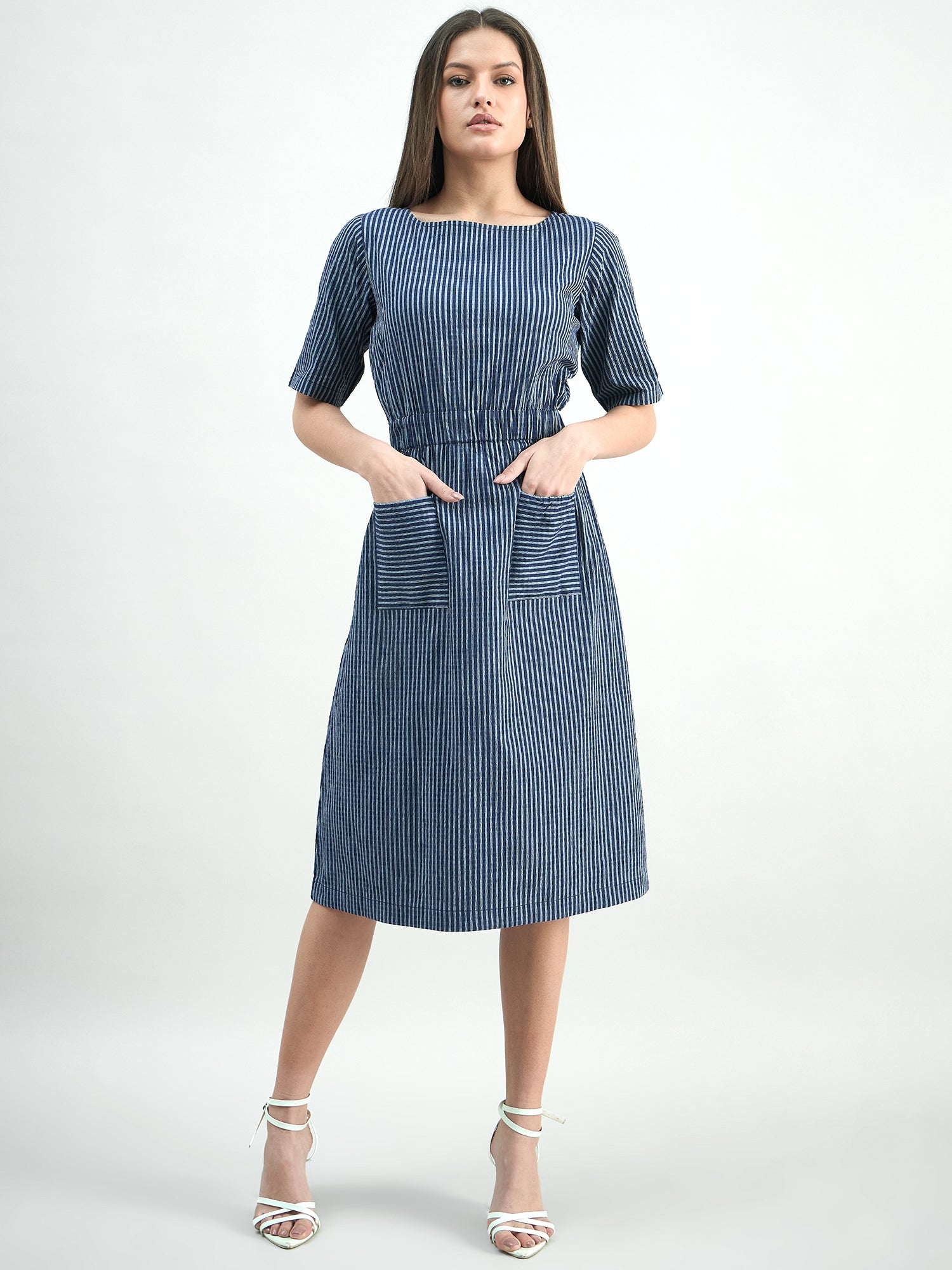 Comfort Fit Cotton Elasticated-Waist Striped Dress