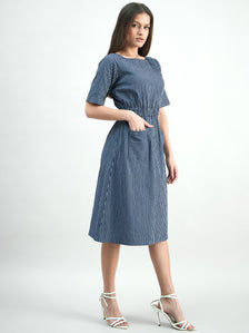 Comfort Fit Cotton Elasticated-Waist Striped Dress