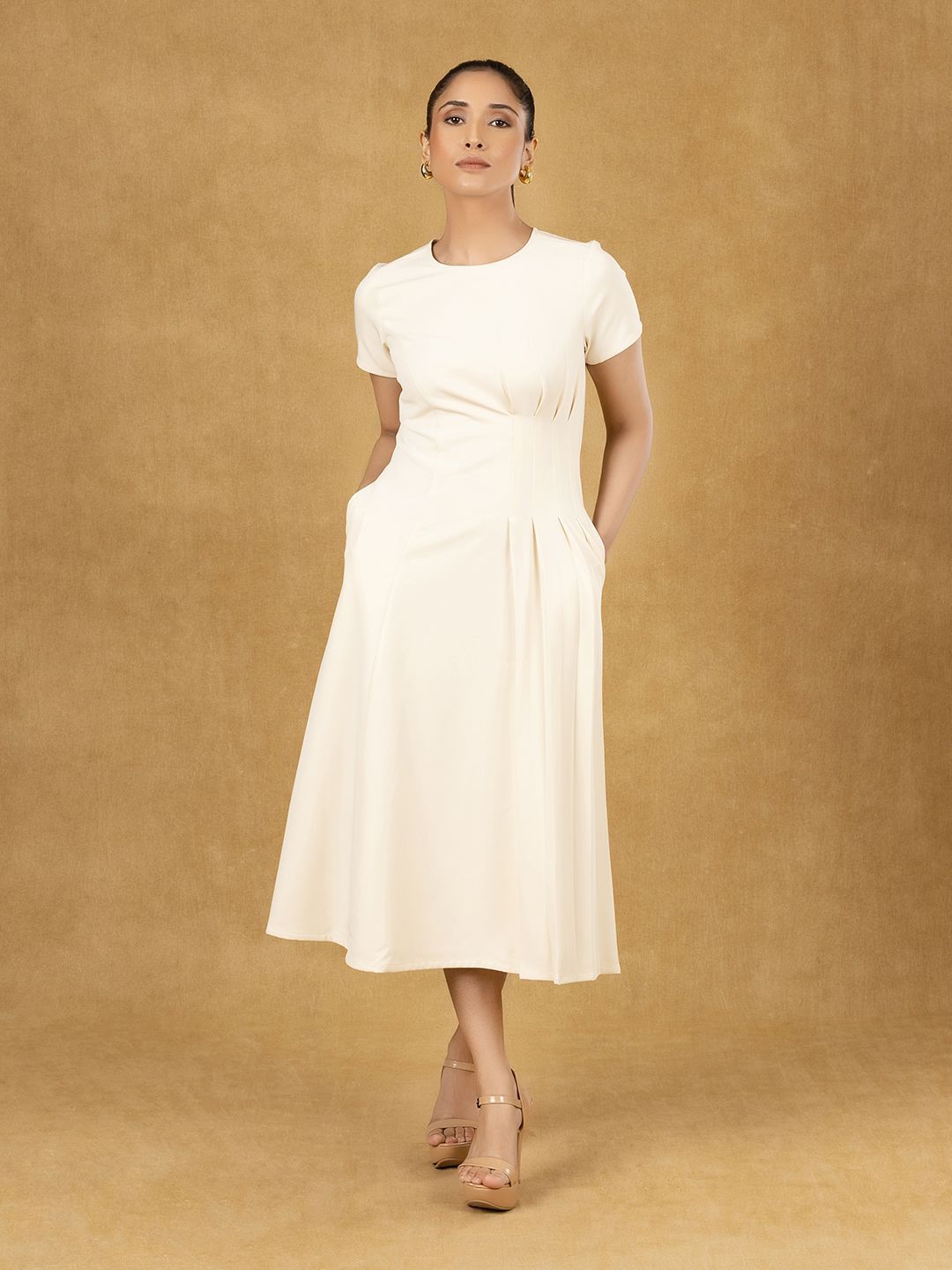 Ivory Solid One Side Pleats Dress