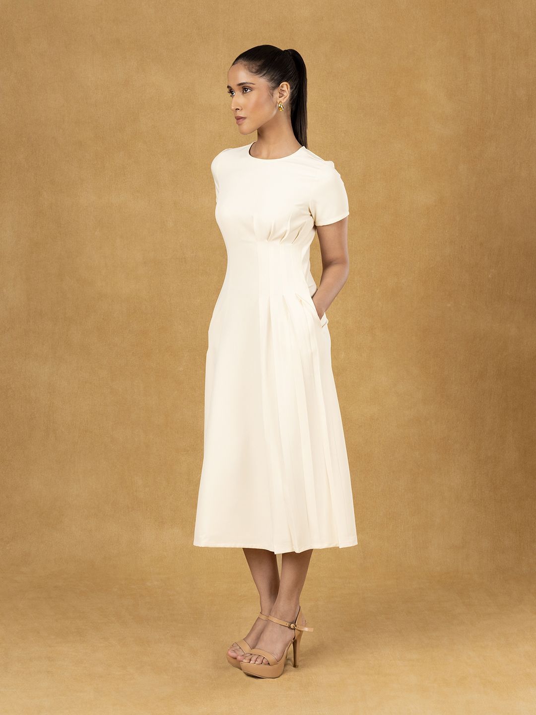 Ivory Solid One Side Pleats Dress