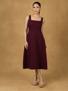 Burgundy Solid Strappy Fit And Flared Dress