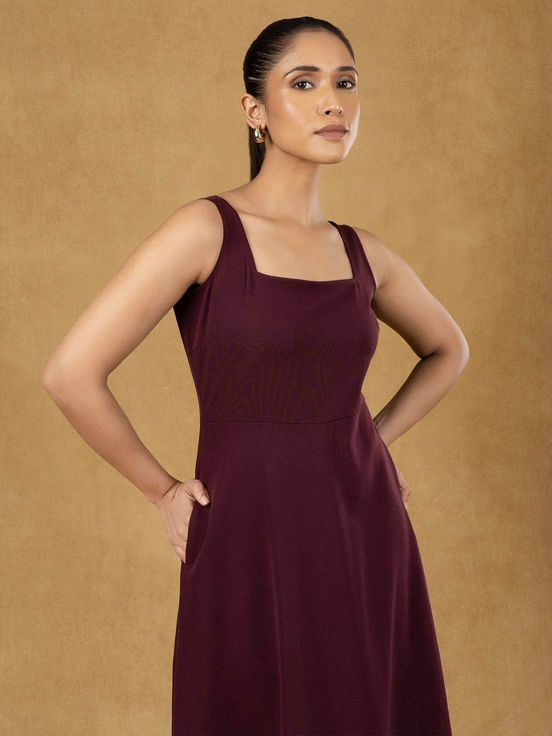 Burgundy Solid Strappy Fit And Flared Dress