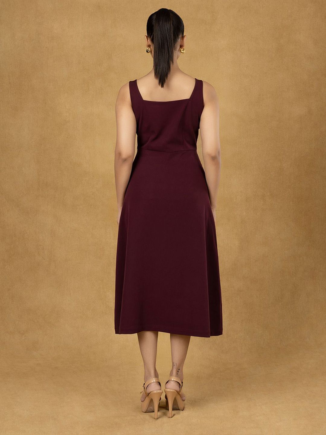 Burgundy Solid Strappy Fit And Flared Dress