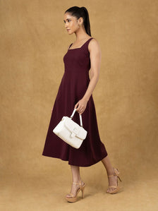 Burgundy Solid Strappy Fit And Flared Dress