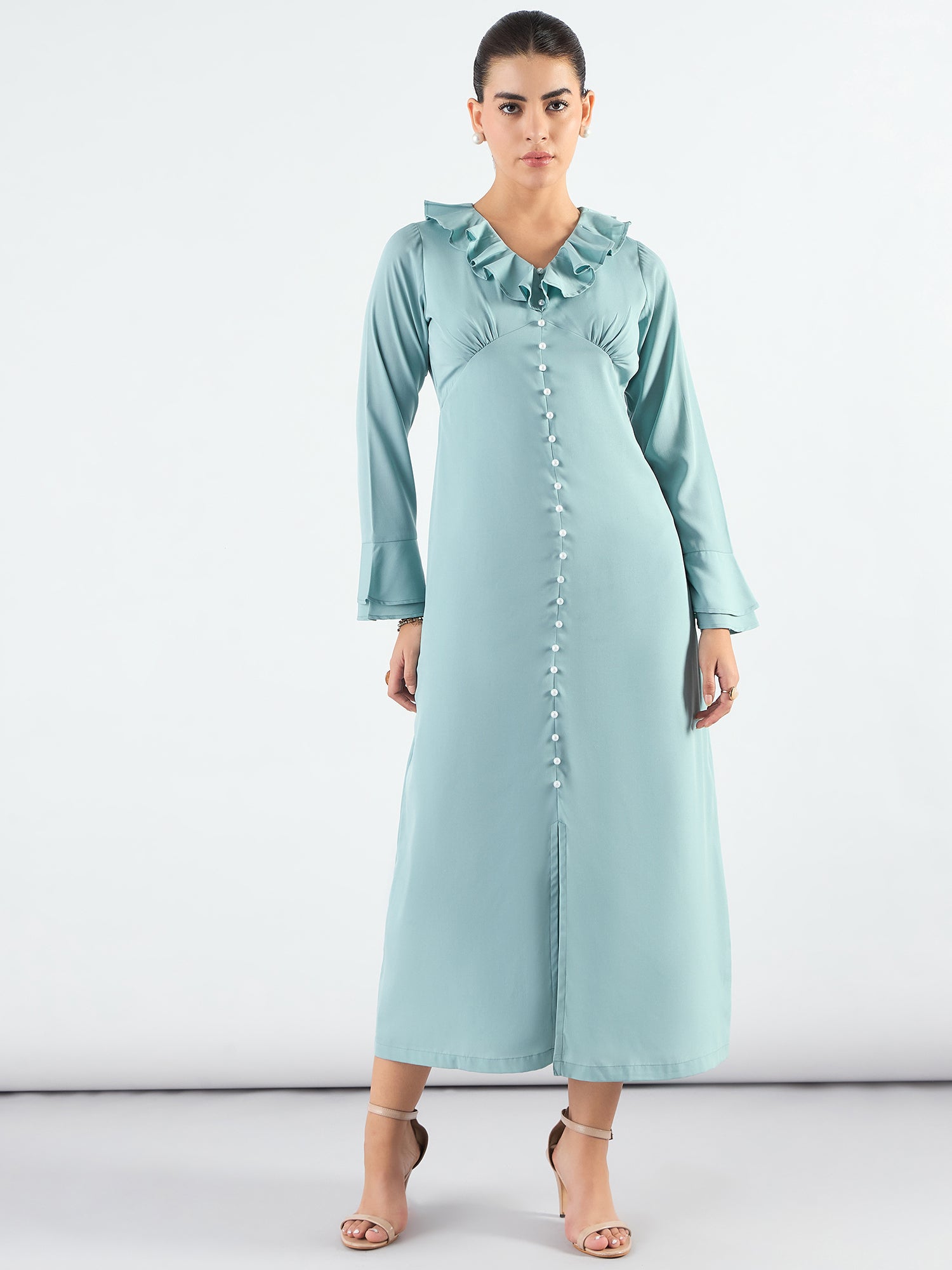 Viscose Midi Dress With Ruffled Collar And Pearl Buttons