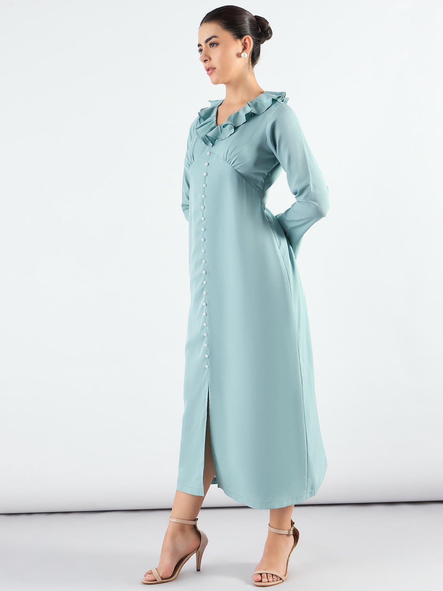 Viscose Midi Dress With Ruffled Collar And Pearl Buttons