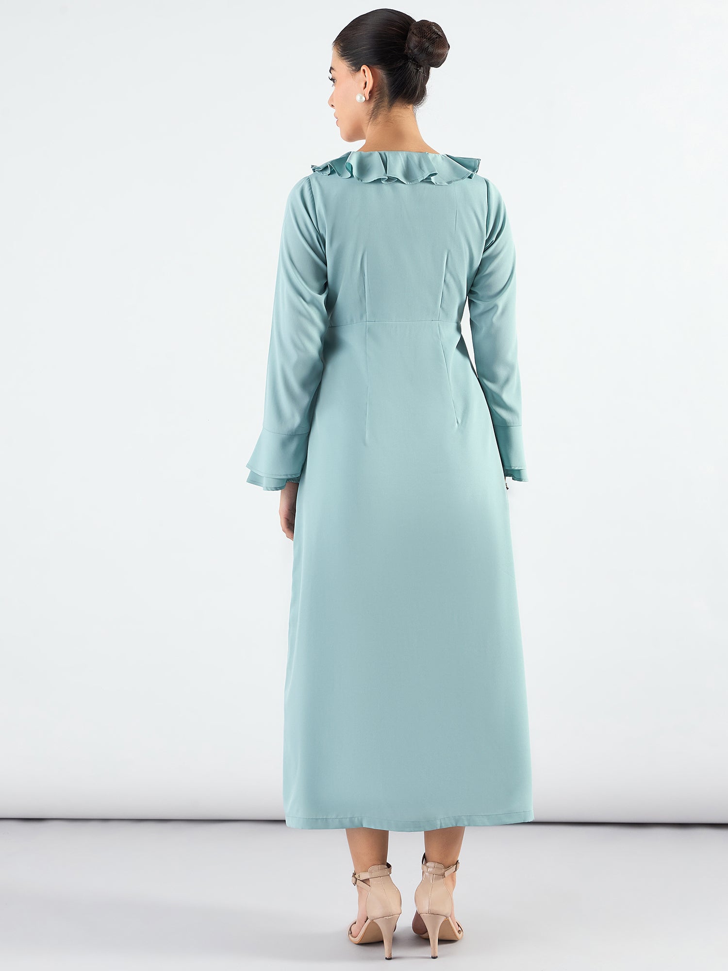 Viscose Midi Dress With Ruffled Collar And Pearl Buttons