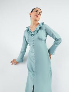 Viscose Midi Dress With Ruffled Collar And Pearl Buttons