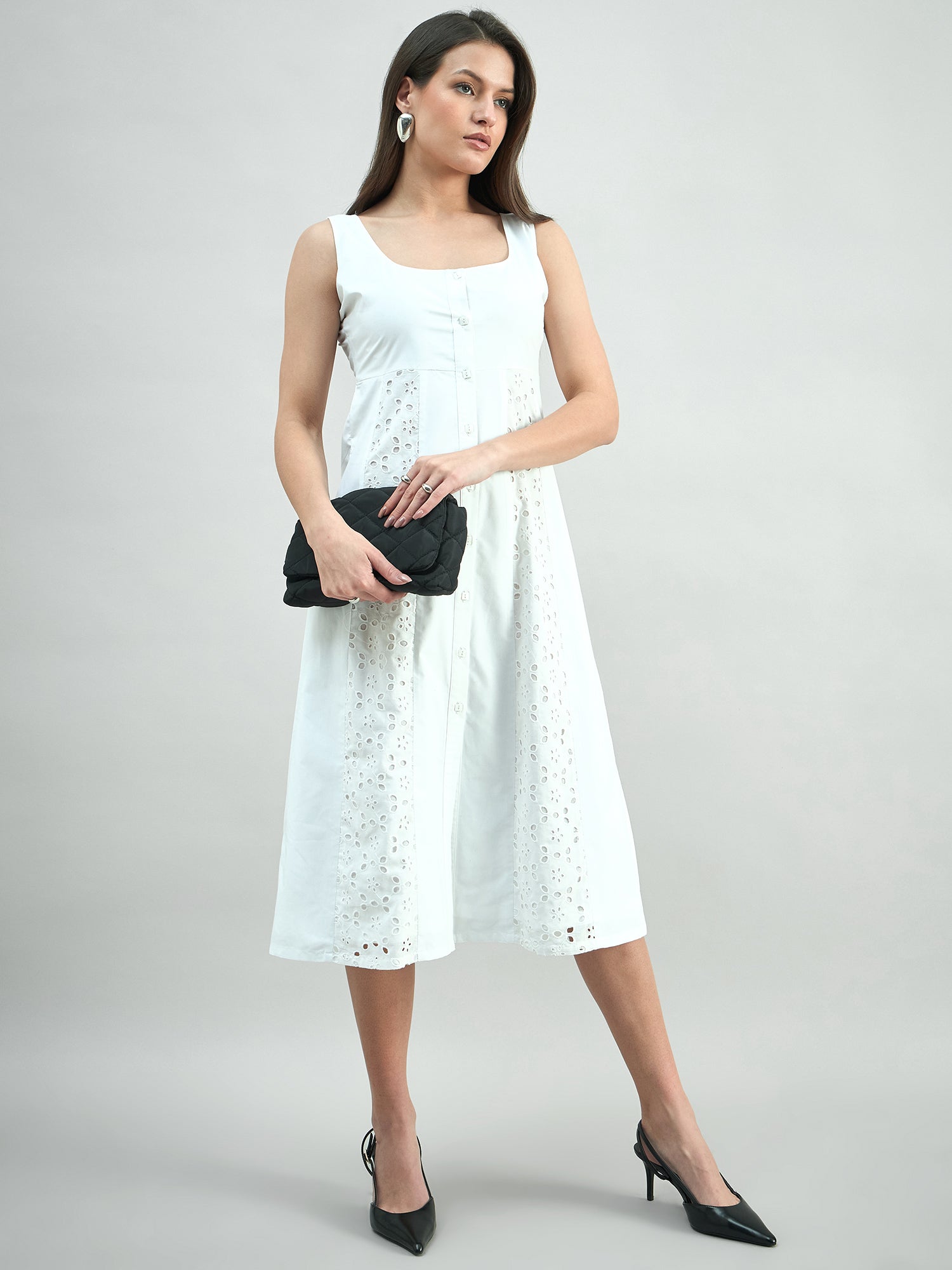 Elegant White Sleeveless Patchwork Panel In Cotton Schiffli