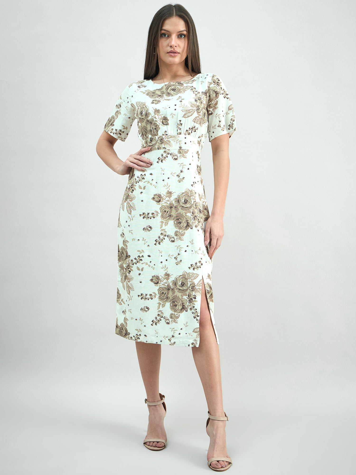 White & Beige Elegant Floral Print Round-Neck Midi Dress In Linen Blend